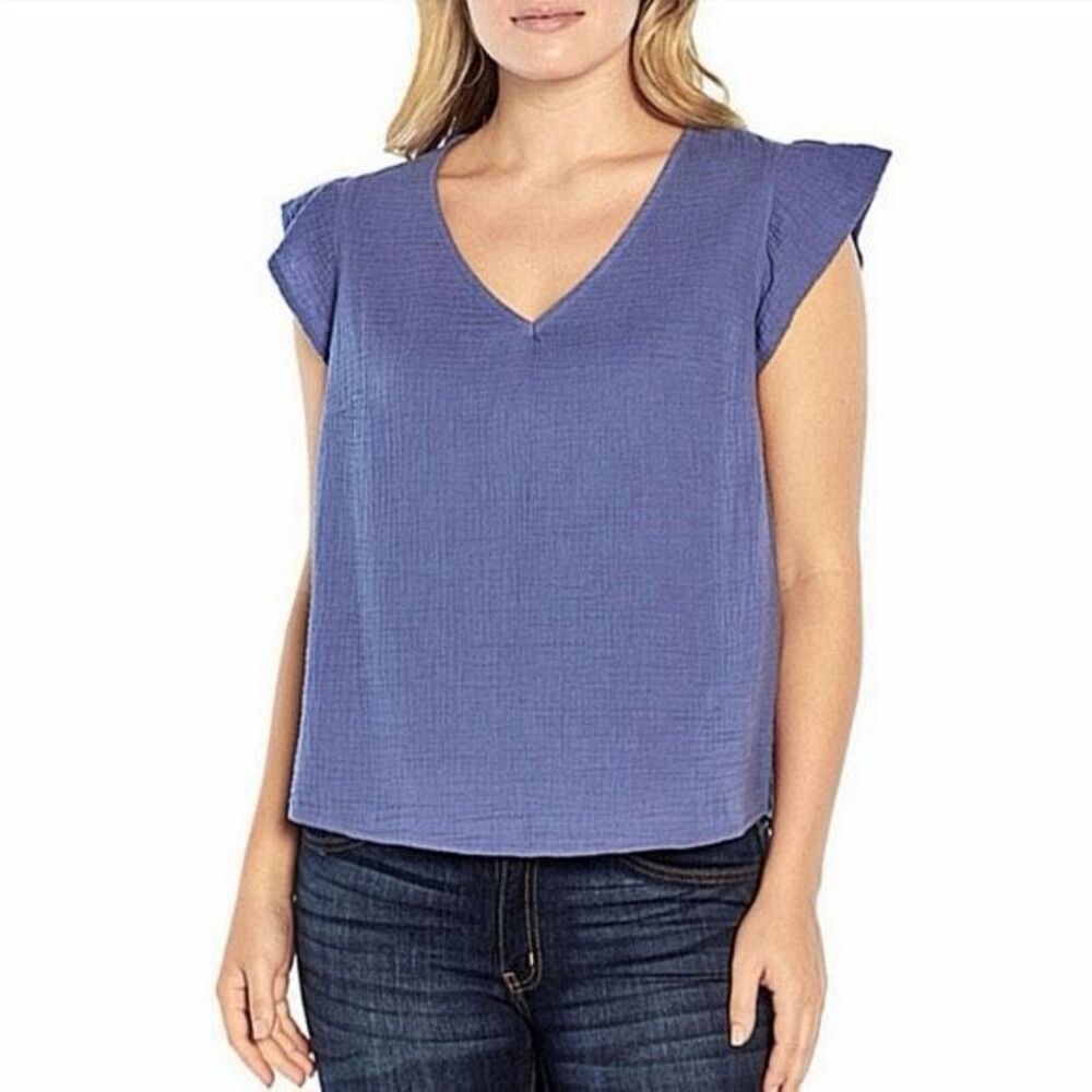 Three Dots Gauze Top Womens Medium Blue Sleeveless Minimalist Coastal Boho